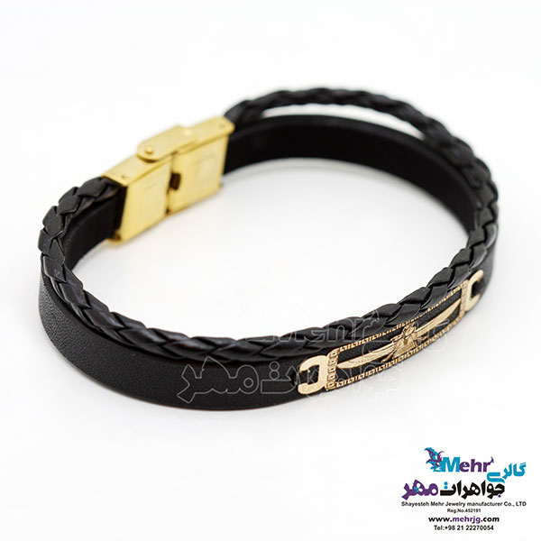 دستبند طلا و چرم - طرح فروهر