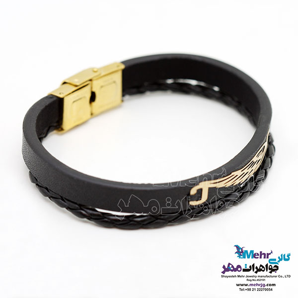 دستبند طلا و چرم - طرح بال عقاب