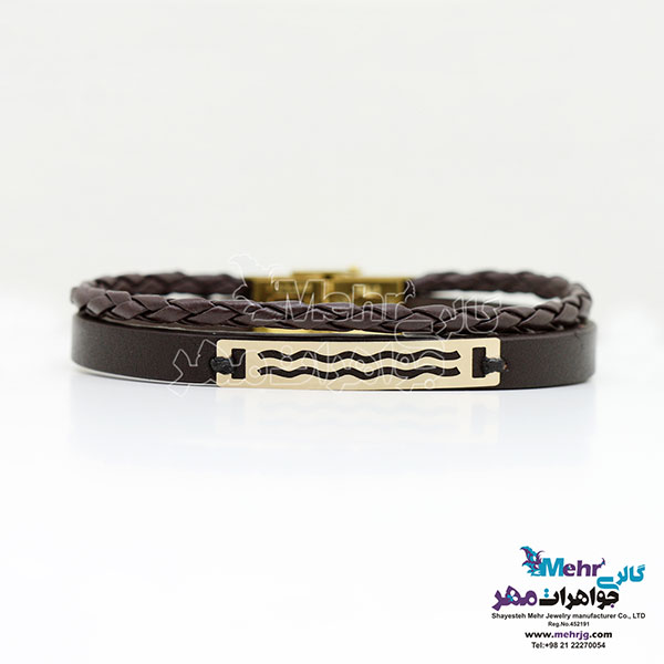 دستبند طلا و چرم - طرح موج