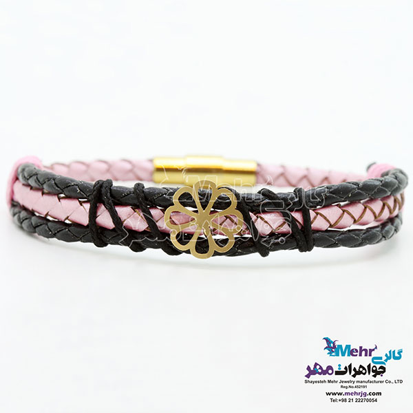 دستبند طلا و چرم - طرح گل