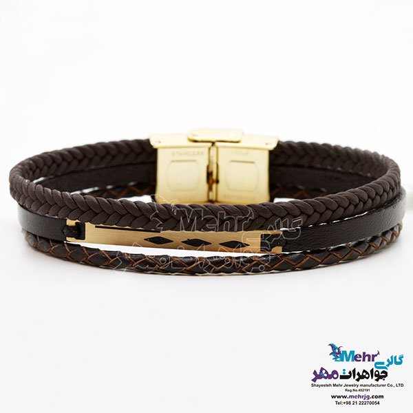 دستبند طلا و چرم - طرح هندسی