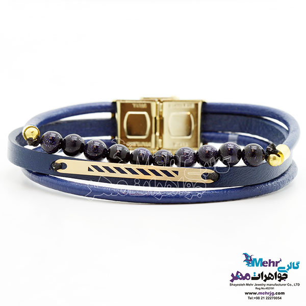 دستبند طلا و چرم - طرح خطوط موازی