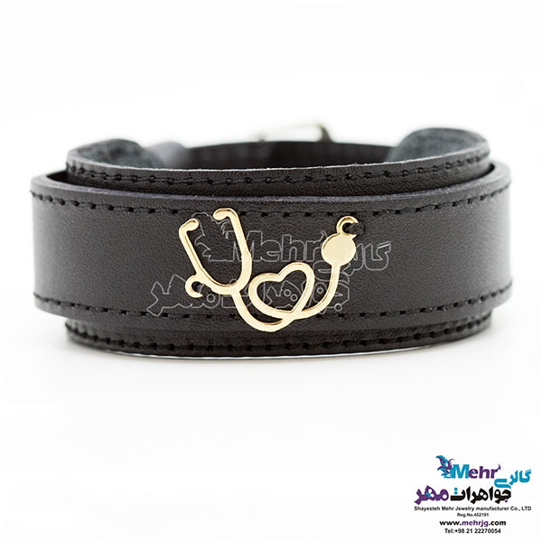 دستبند طلا و چرم - طرح گوشی پزشکی