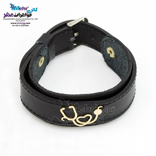 دستبند طلا و چرم - طرح گوشی پزشکی
