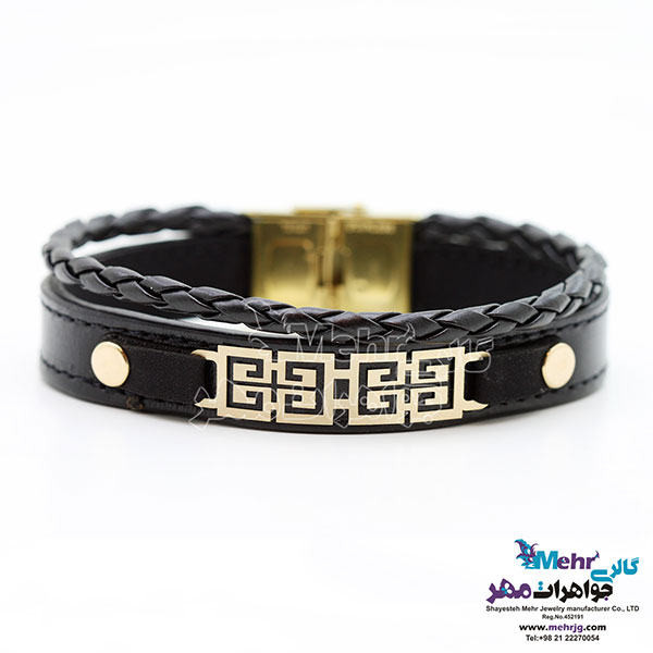 دستبند طلا و چرم - طرح اسلیمی