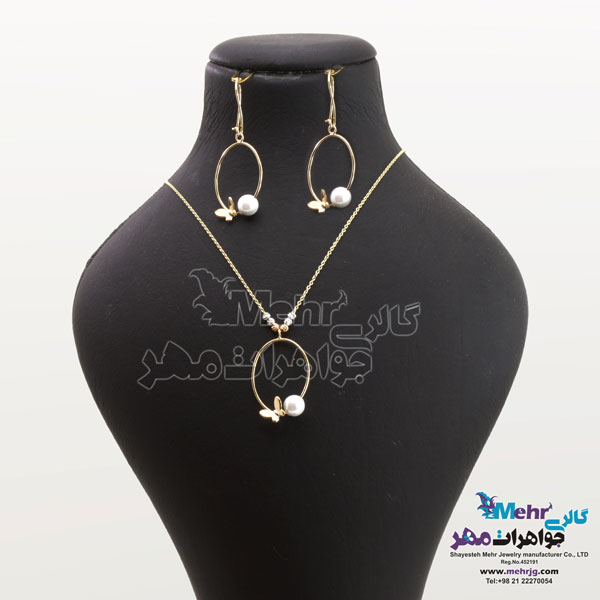نیم ست - گردنبند و گوشواره - طرح پروانه و مروارید