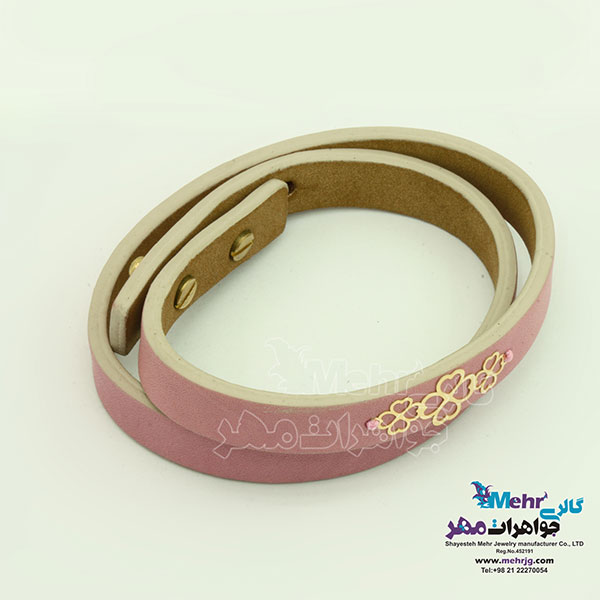 دستبند طلا و چرم - طرح شبدر چهار برگ