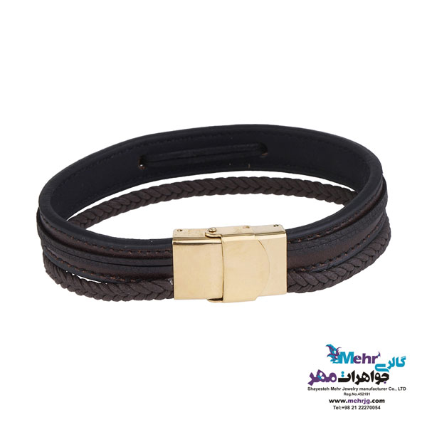 دستبند طلا و چرم - طرح هندسی