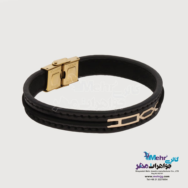 دستبند طلا و چرم - طرح هندسی
