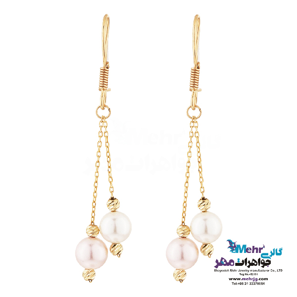 گوشواره طلا - طرح مروارید و گوی تراش